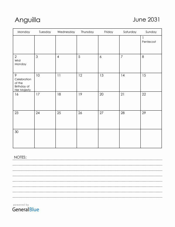 June 2031 Anguilla Calendar with Holidays (Monday Start)