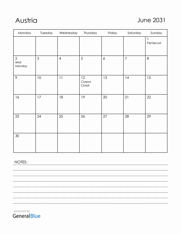 June 2031 Austria Calendar with Holidays (Monday Start)