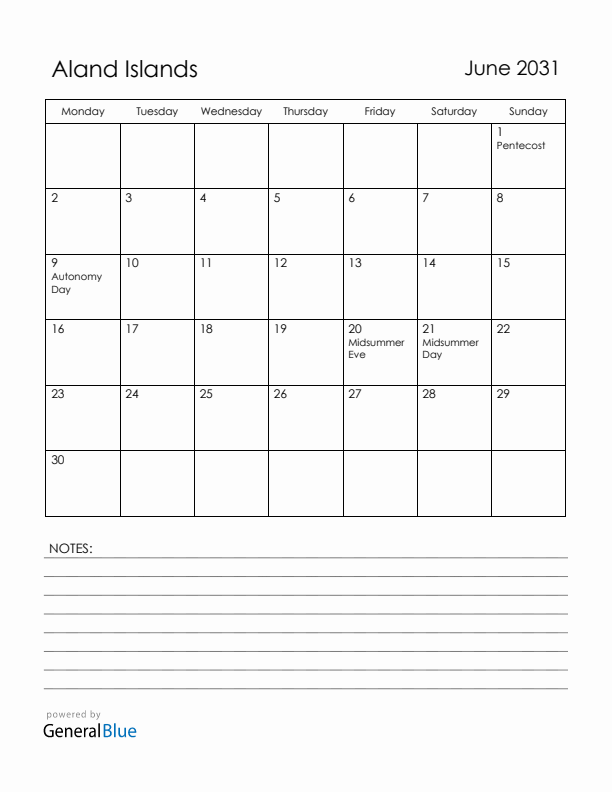 June 2031 Aland Islands Calendar with Holidays (Monday Start)