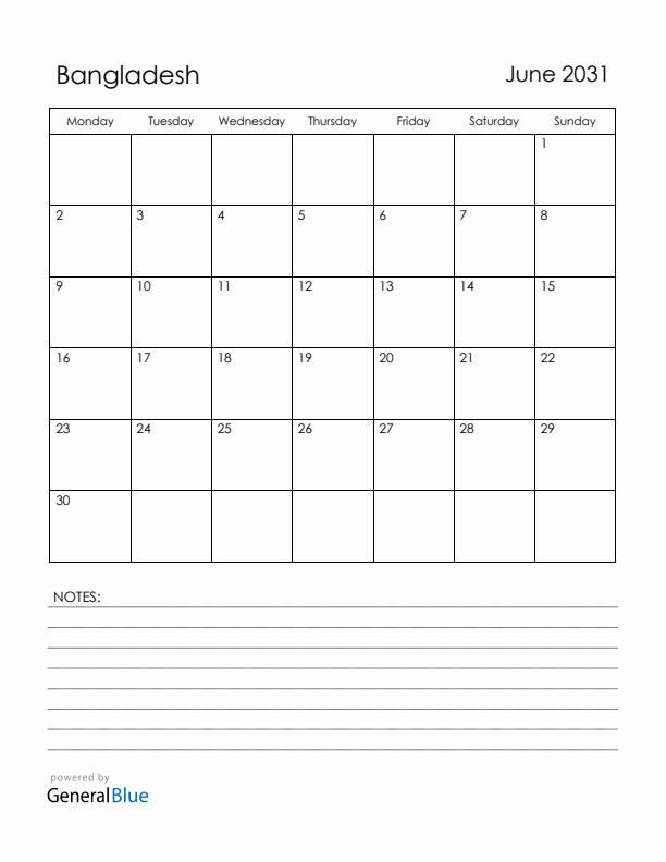 June 2031 Bangladesh Calendar with Holidays (Monday Start)