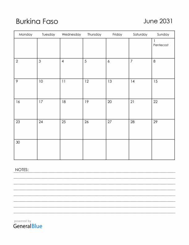 June 2031 Burkina Faso Calendar with Holidays (Monday Start)