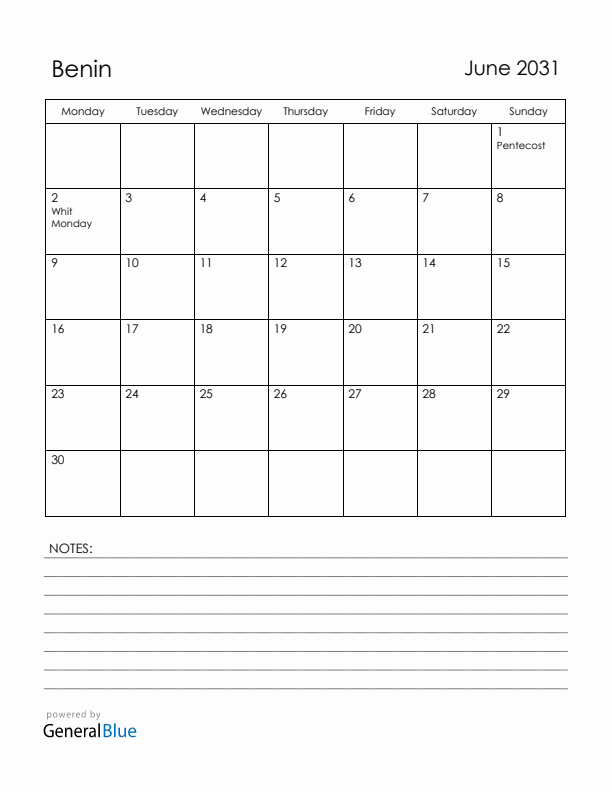 June 2031 Benin Calendar with Holidays (Monday Start)