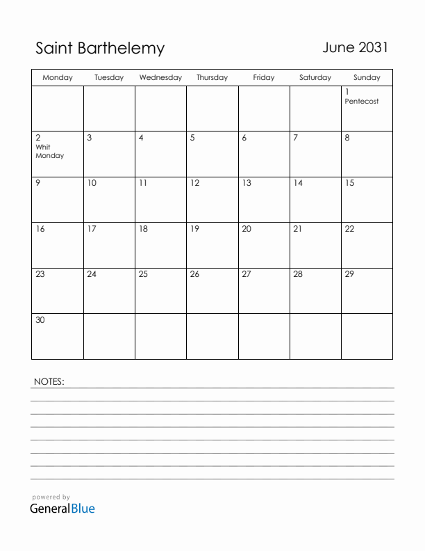 June 2031 Saint Barthelemy Calendar with Holidays (Monday Start)