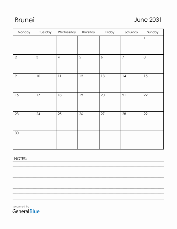 June 2031 Brunei Calendar with Holidays (Monday Start)