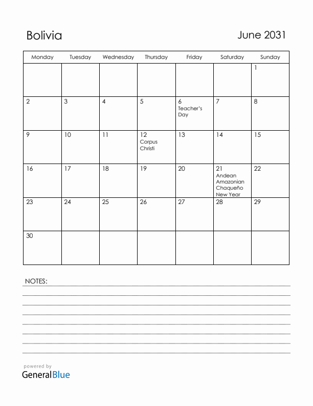 June 2031 Bolivia Calendar with Holidays (Monday Start)