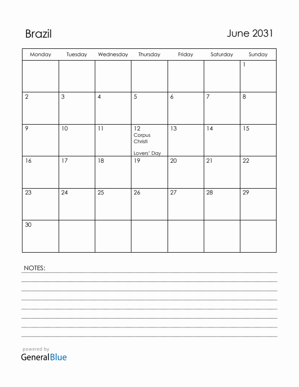 June 2031 Brazil Calendar with Holidays (Monday Start)