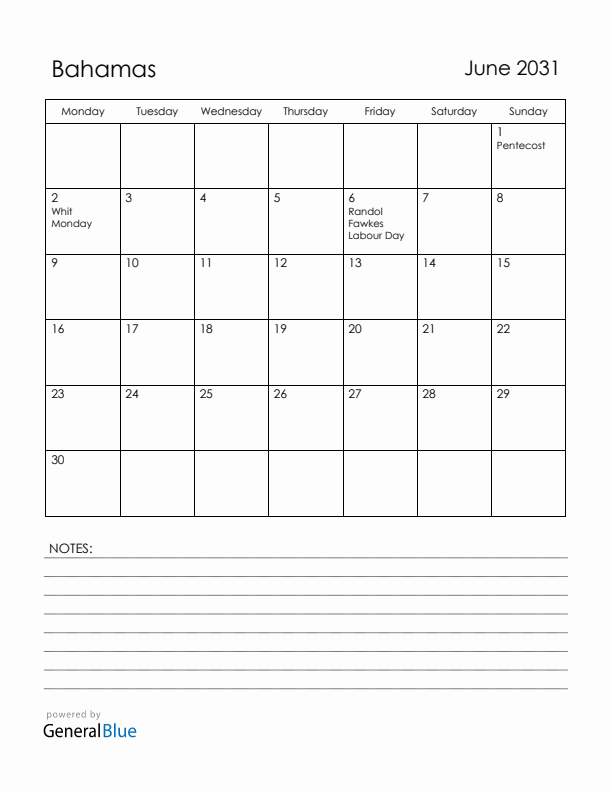 June 2031 Bahamas Calendar with Holidays (Monday Start)