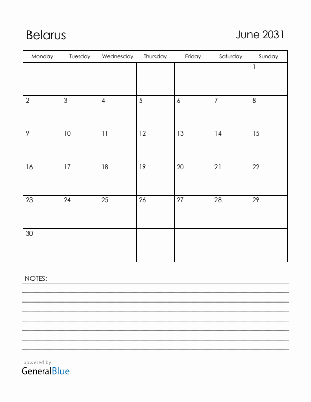 June 2031 Belarus Calendar with Holidays (Monday Start)