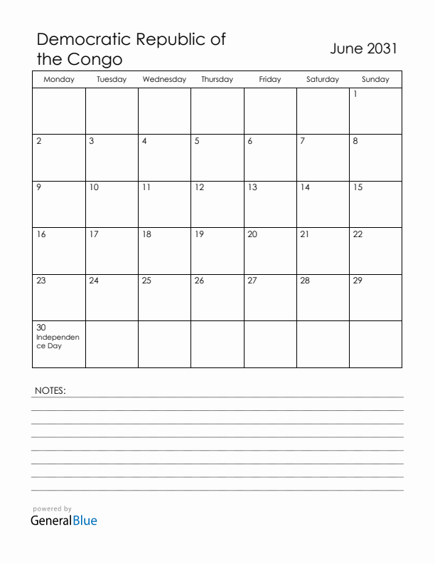June 2031 Democratic Republic of the Congo Calendar with Holidays (Monday Start)