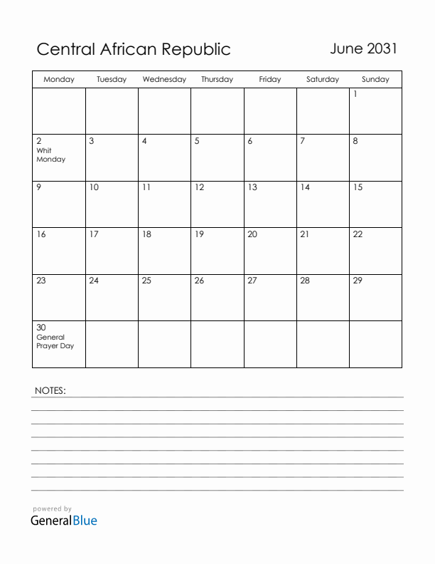 June 2031 Central African Republic Calendar with Holidays (Monday Start)