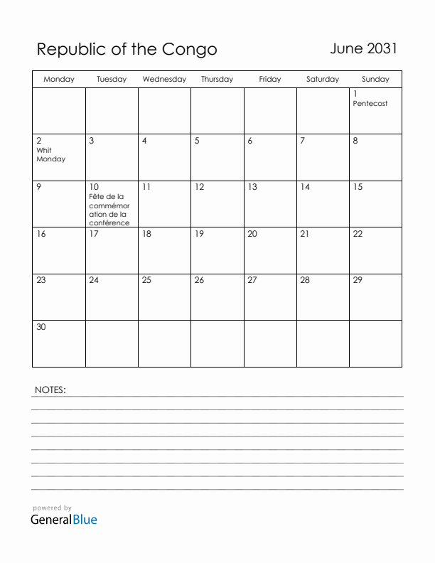 June 2031 Republic of the Congo Calendar with Holidays (Monday Start)