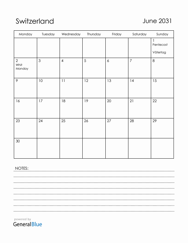 June 2031 Switzerland Calendar with Holidays (Monday Start)