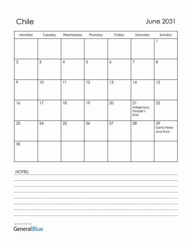 June 2031 Chile Calendar with Holidays (Monday Start)