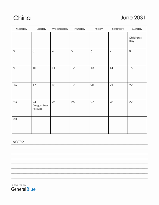 June 2031 China Calendar with Holidays (Monday Start)