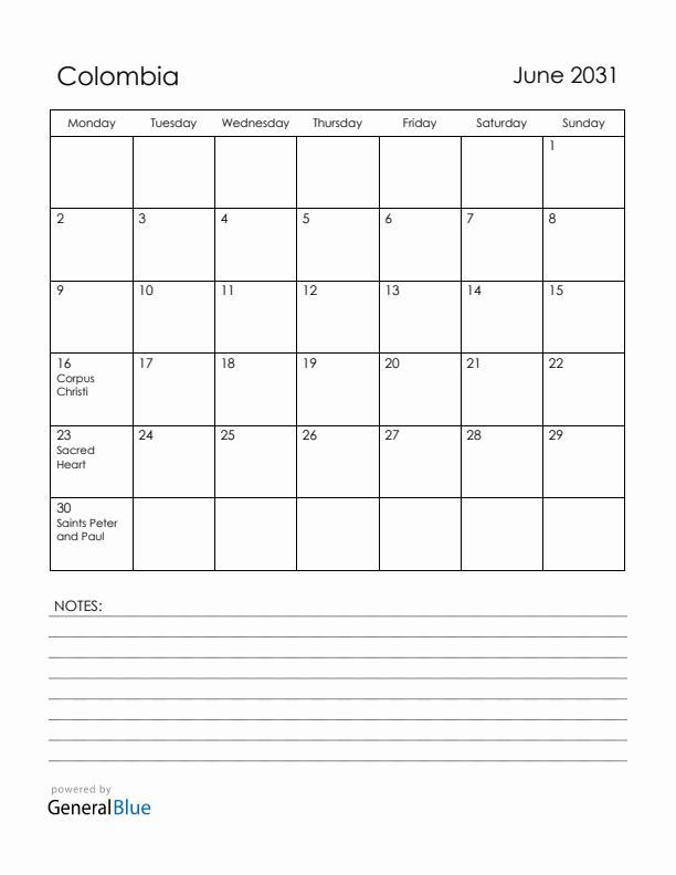 June 2031 Colombia Calendar with Holidays (Monday Start)