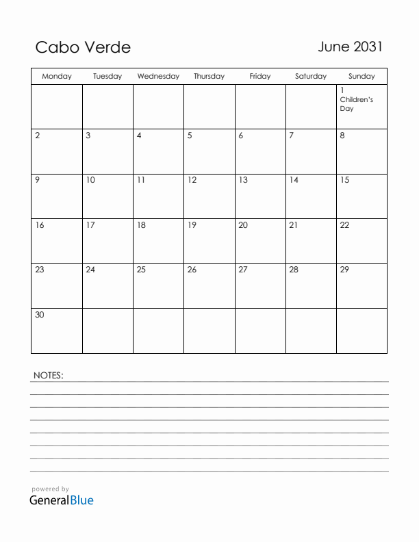 June 2031 Cabo Verde Calendar with Holidays (Monday Start)
