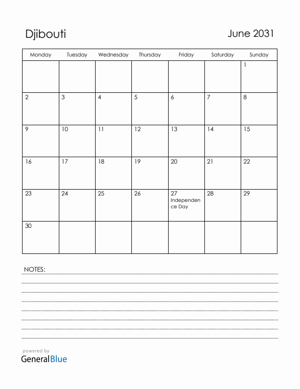 June 2031 Djibouti Calendar with Holidays (Monday Start)