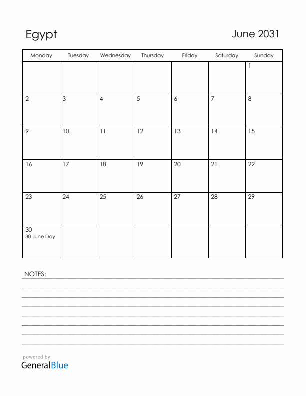 June 2031 Egypt Calendar with Holidays (Monday Start)