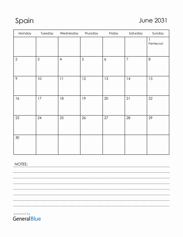 June 2031 Spain Calendar with Holidays (Monday Start)