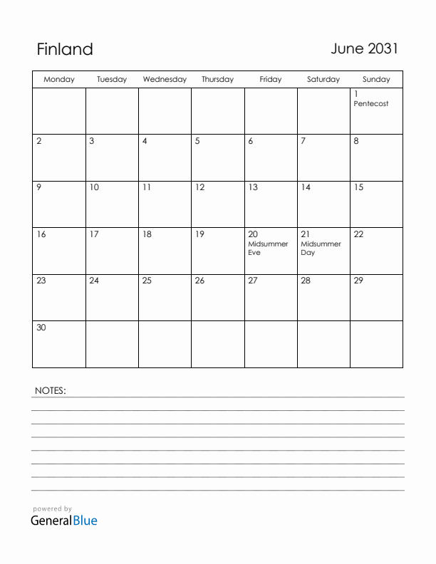 June 2031 Finland Calendar with Holidays (Monday Start)