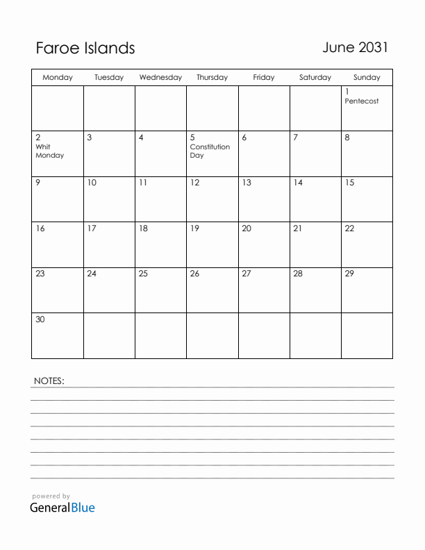 June 2031 Faroe Islands Calendar with Holidays (Monday Start)