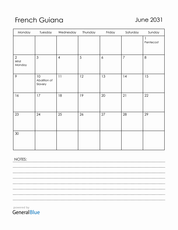 June 2031 French Guiana Calendar with Holidays (Monday Start)