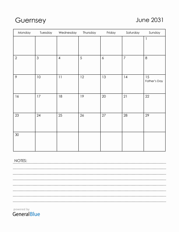 June 2031 Guernsey Calendar with Holidays (Monday Start)