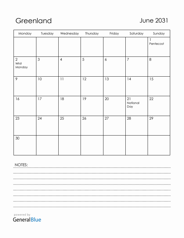 June 2031 Greenland Calendar with Holidays (Monday Start)