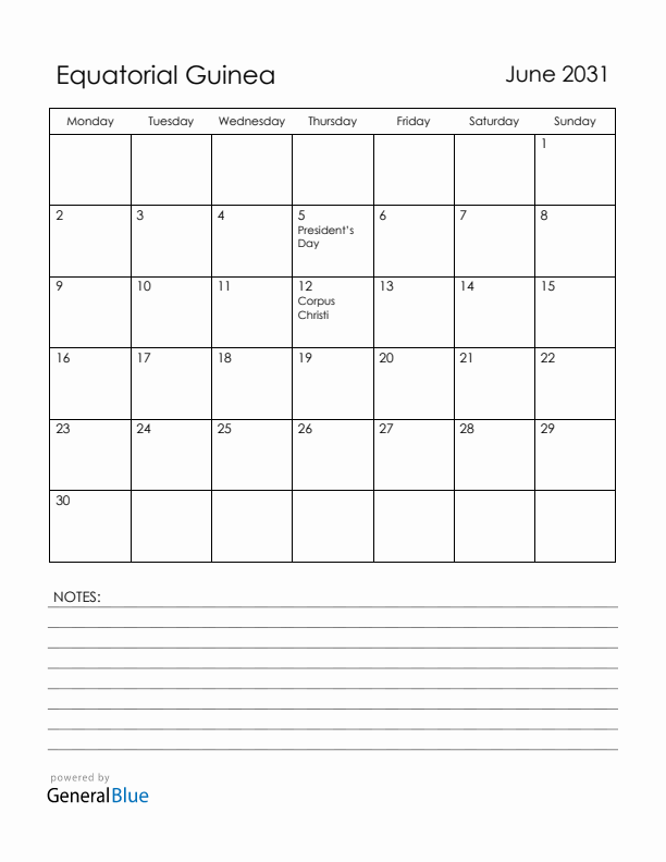 June 2031 Equatorial Guinea Calendar with Holidays (Monday Start)