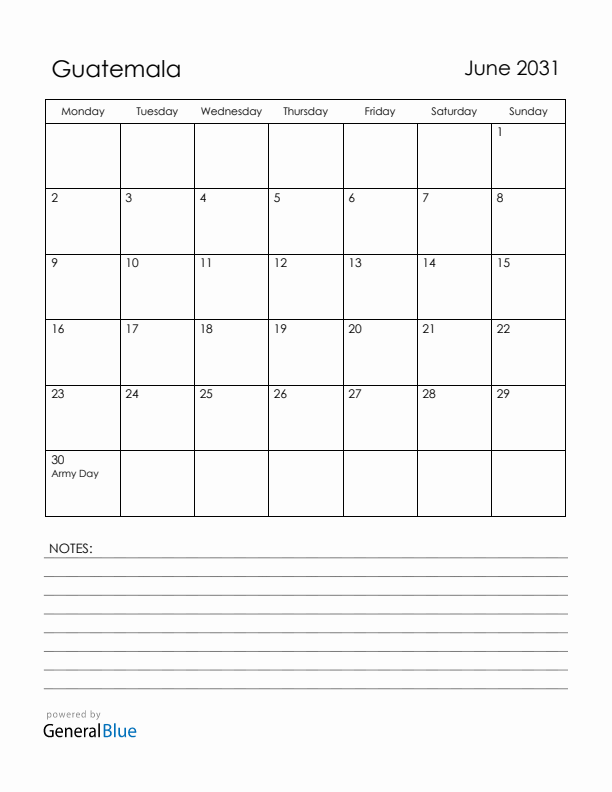 June 2031 Guatemala Calendar with Holidays (Monday Start)