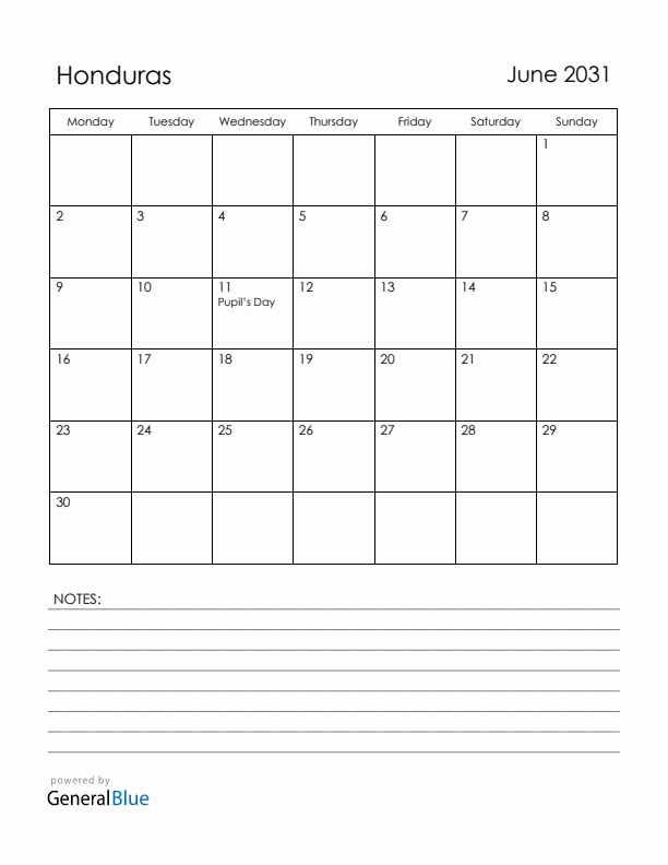 June 2031 Honduras Calendar with Holidays (Monday Start)