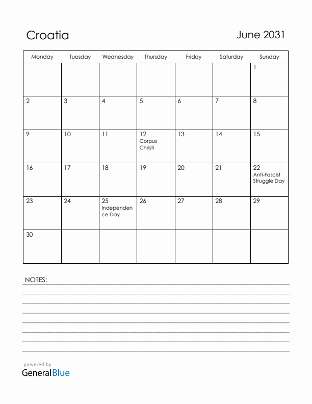 June 2031 Croatia Calendar with Holidays (Monday Start)