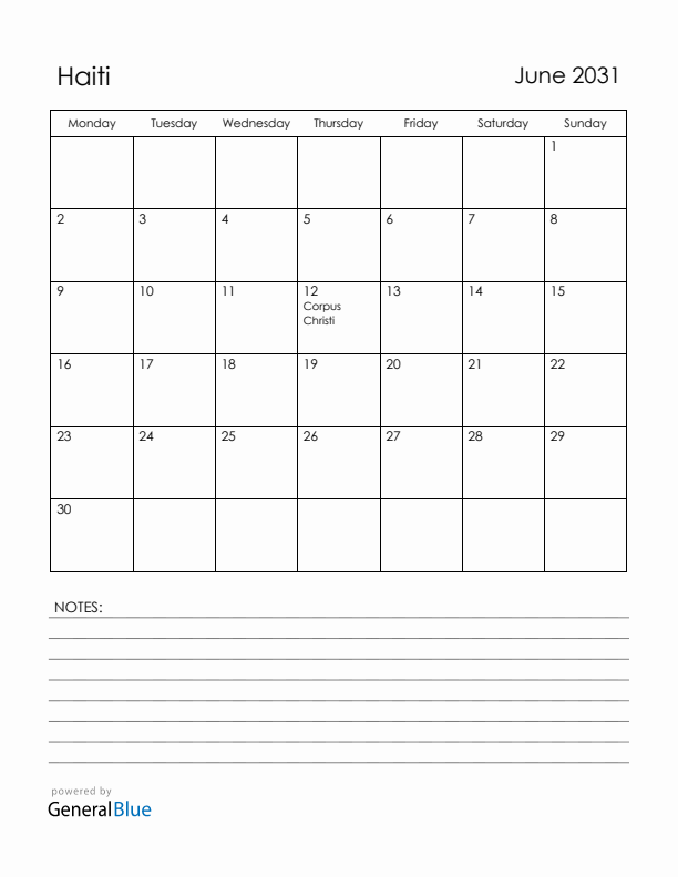 June 2031 Haiti Calendar with Holidays (Monday Start)