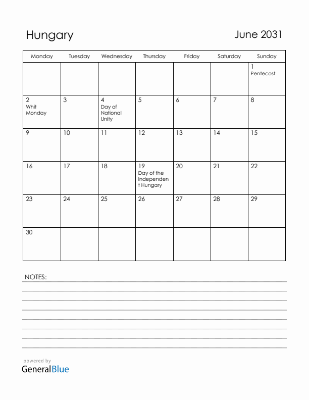 June 2031 Hungary Calendar with Holidays (Monday Start)
