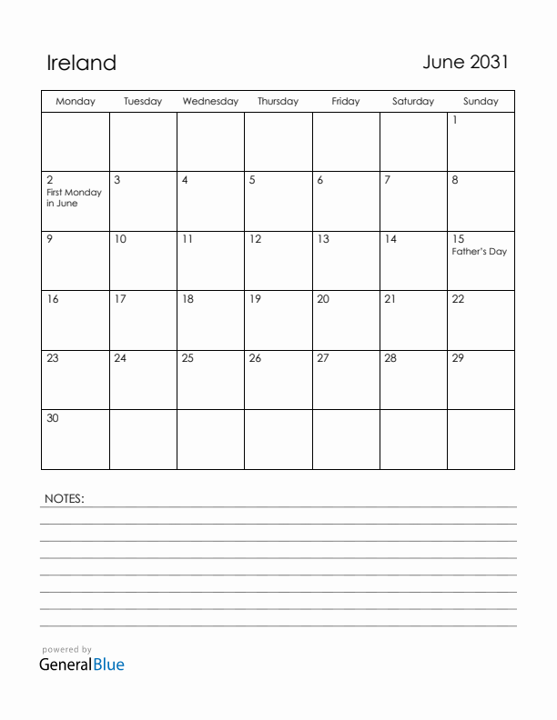 June 2031 Ireland Calendar with Holidays (Monday Start)