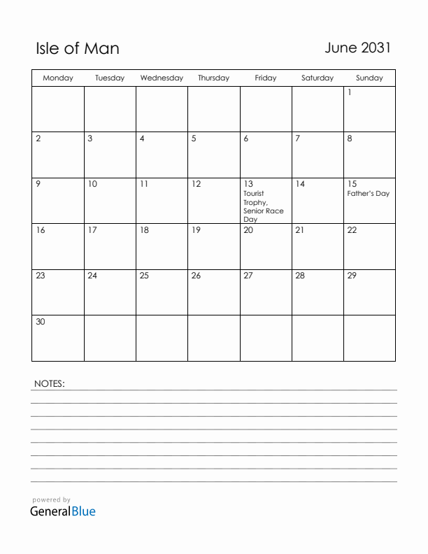 June 2031 Isle of Man Calendar with Holidays (Monday Start)
