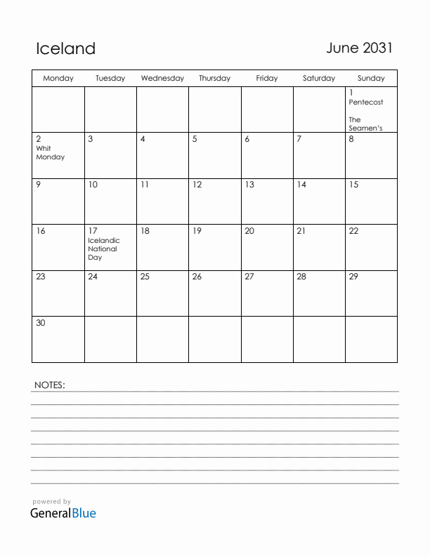 June 2031 Iceland Calendar with Holidays (Monday Start)