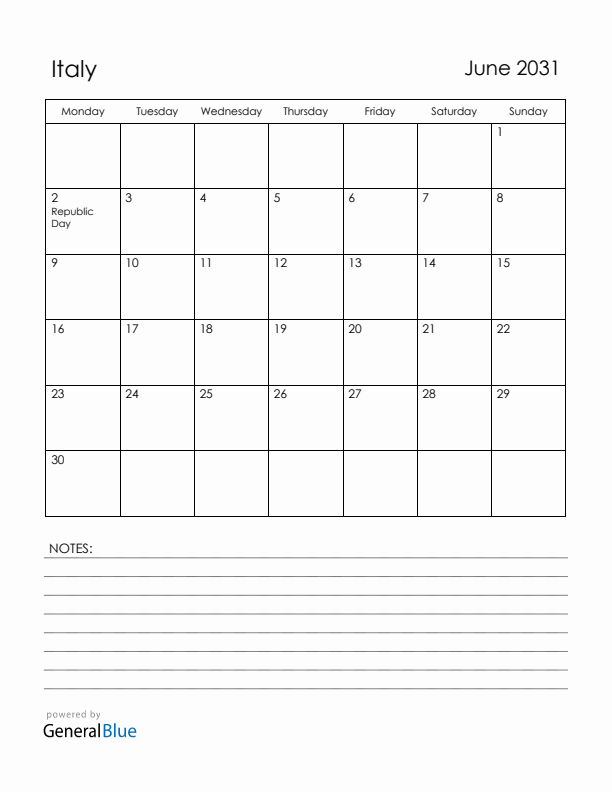 June 2031 Italy Calendar with Holidays (Monday Start)