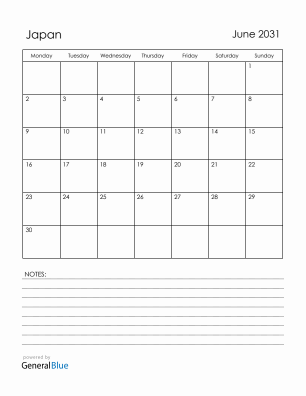 June 2031 Japan Calendar with Holidays (Monday Start)