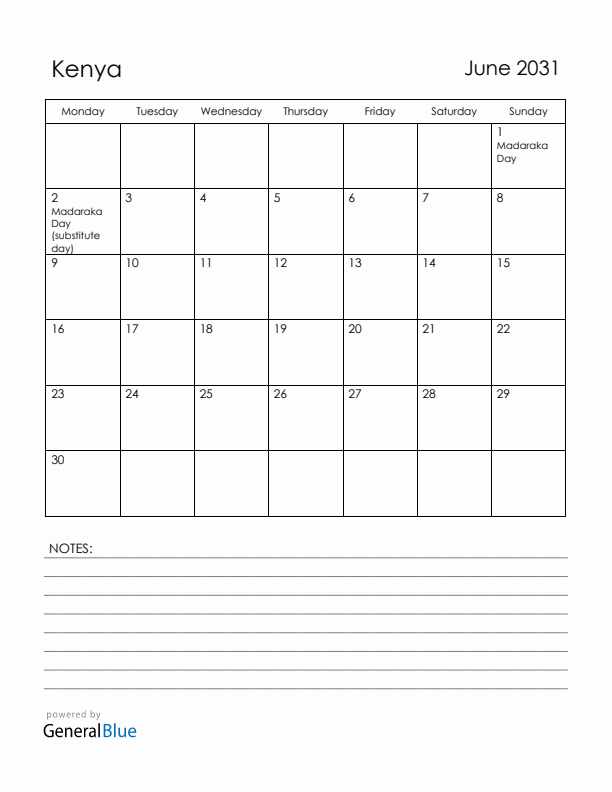 June 2031 Kenya Calendar with Holidays (Monday Start)