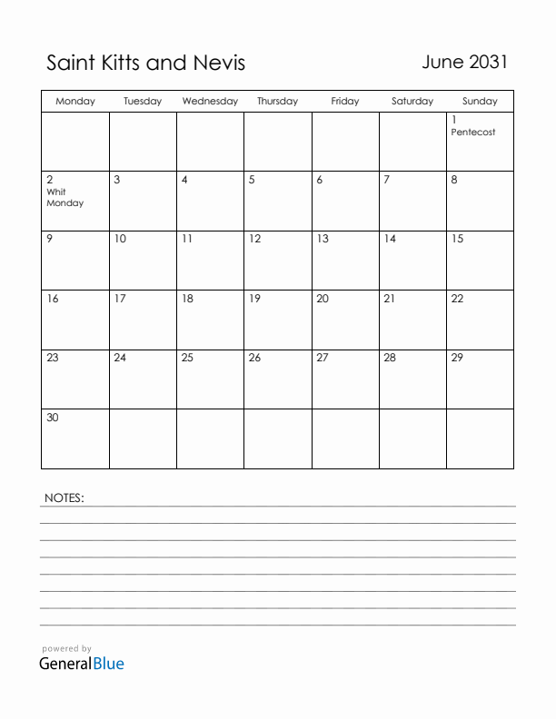 June 2031 Saint Kitts and Nevis Calendar with Holidays (Monday Start)