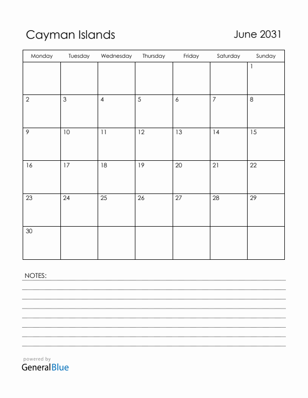 June 2031 Cayman Islands Calendar with Holidays (Monday Start)