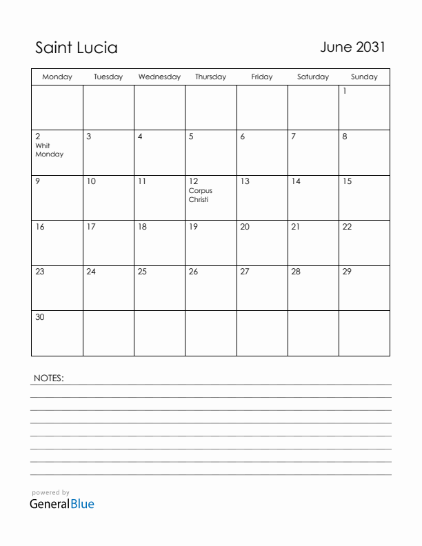 June 2031 Saint Lucia Calendar with Holidays (Monday Start)