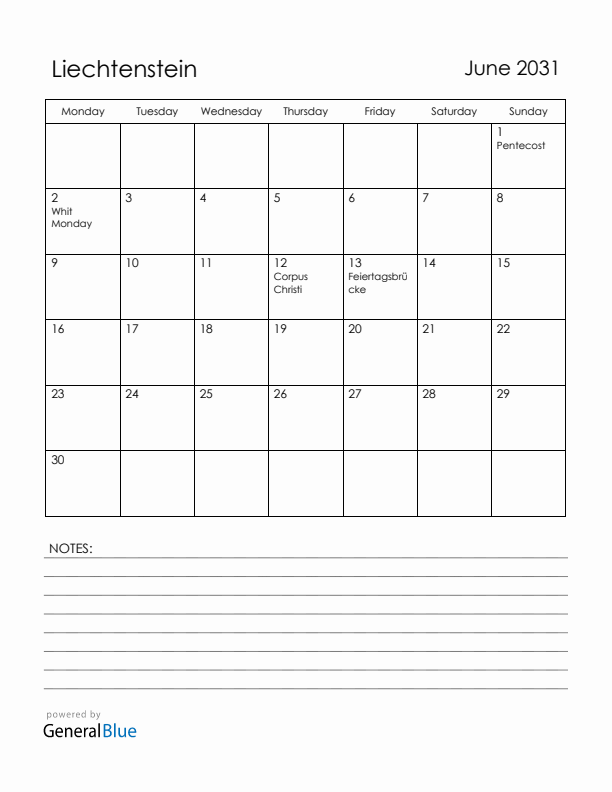 June 2031 Liechtenstein Calendar with Holidays (Monday Start)