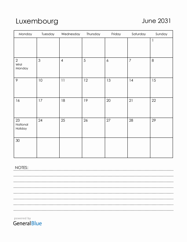 June 2031 Luxembourg Calendar with Holidays (Monday Start)