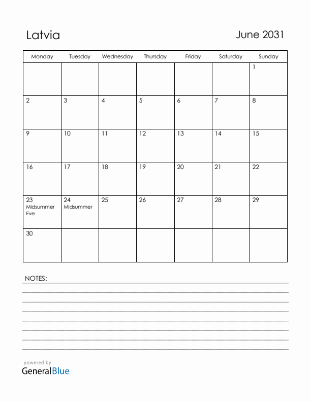 June 2031 Latvia Calendar with Holidays (Monday Start)