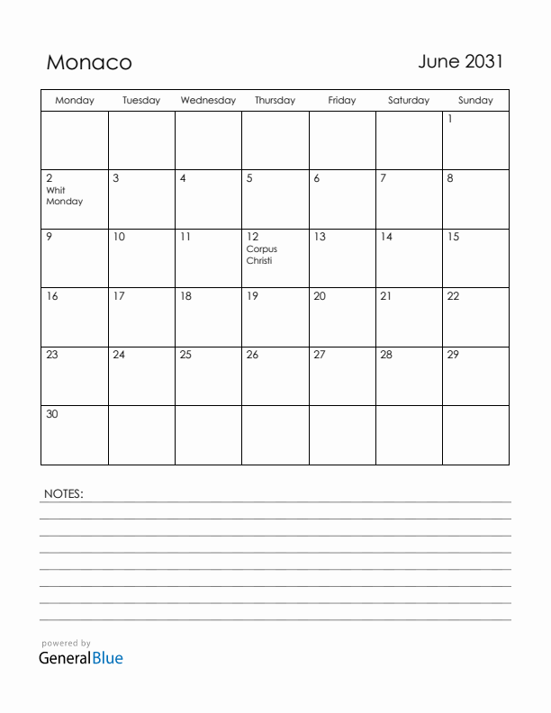 June 2031 Monaco Calendar with Holidays (Monday Start)