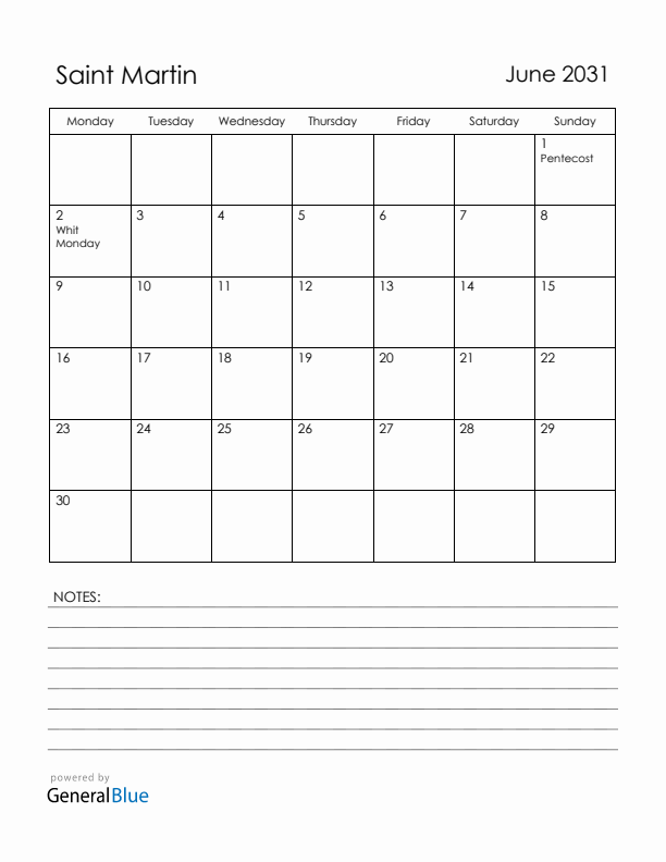 June 2031 Saint Martin Calendar with Holidays (Monday Start)