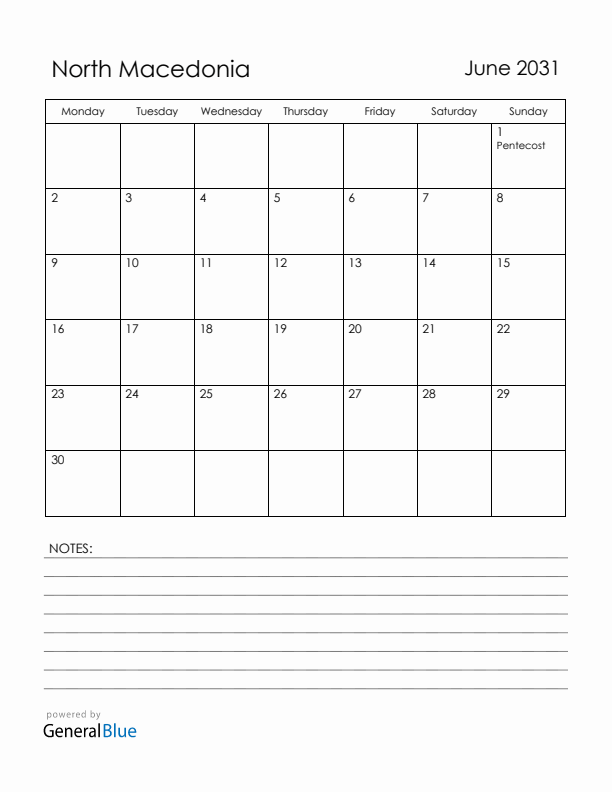 June 2031 North Macedonia Calendar with Holidays (Monday Start)