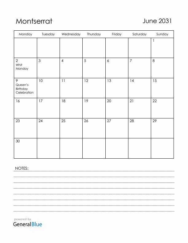 June 2031 Montserrat Calendar with Holidays (Monday Start)